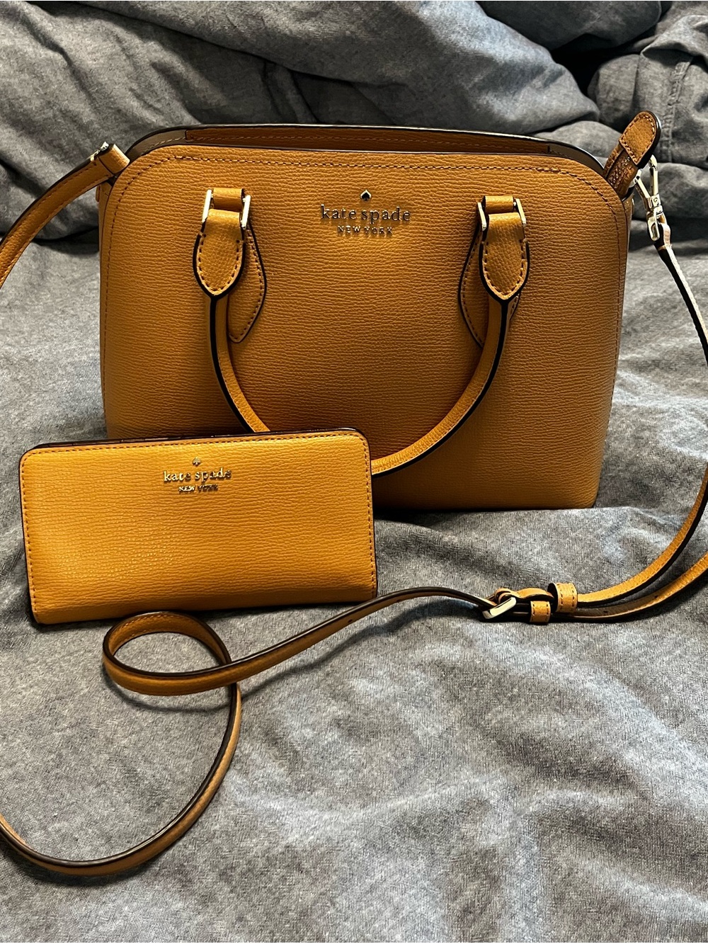 kate spade mustard leather dome satchel with matching wallet and crossbody strap